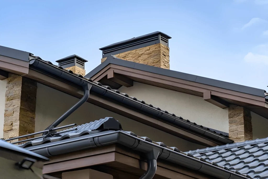 A high-angle view of a modern luxury home featuring premium grey roof tiles, sophisticated stone chimneys with dark metal caps, and a clean integrated gutter and downspout system under a blue sky.