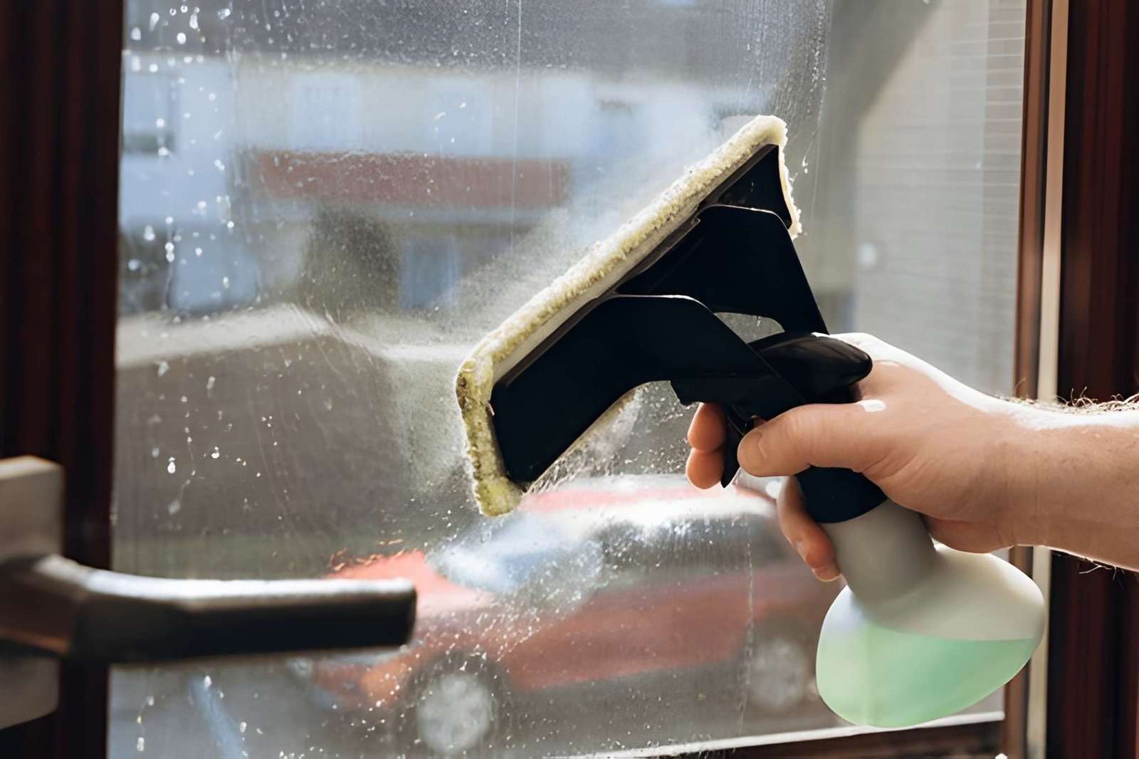 Close-up of a person using a hand-held spray bottle squeegee tool with a microfiber scrubbing pad to clean a dirty glass window from the inside.