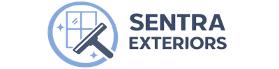 Sentra Exteriors official company logo, featuring a blue circular icon with a window pane, a squeegee tool, and sparkle details next to the dark grey text "SENTRA EXTERIORS".