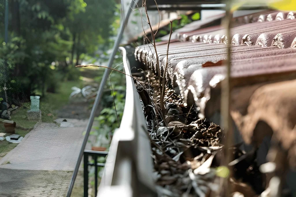 A close-up, shallow depth of field shot of a house roof gutter completely filled and clogged with dry brown leaves, twigs, and debris along old clay roof tiles.