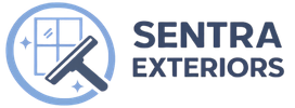 Sentra Exteriors official company logo, featuring a blue circular icon with a window pane, a squeegee tool, and sparkle details next to the dark grey text "SENTRA EXTERIORS".