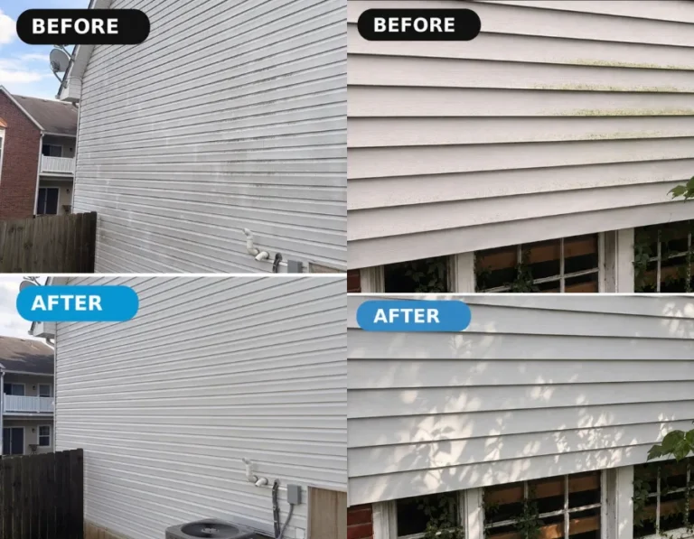 Before and after comparison of dirty white vinyl siding cleaned using professional pressure washing, removing green algae and mildew.